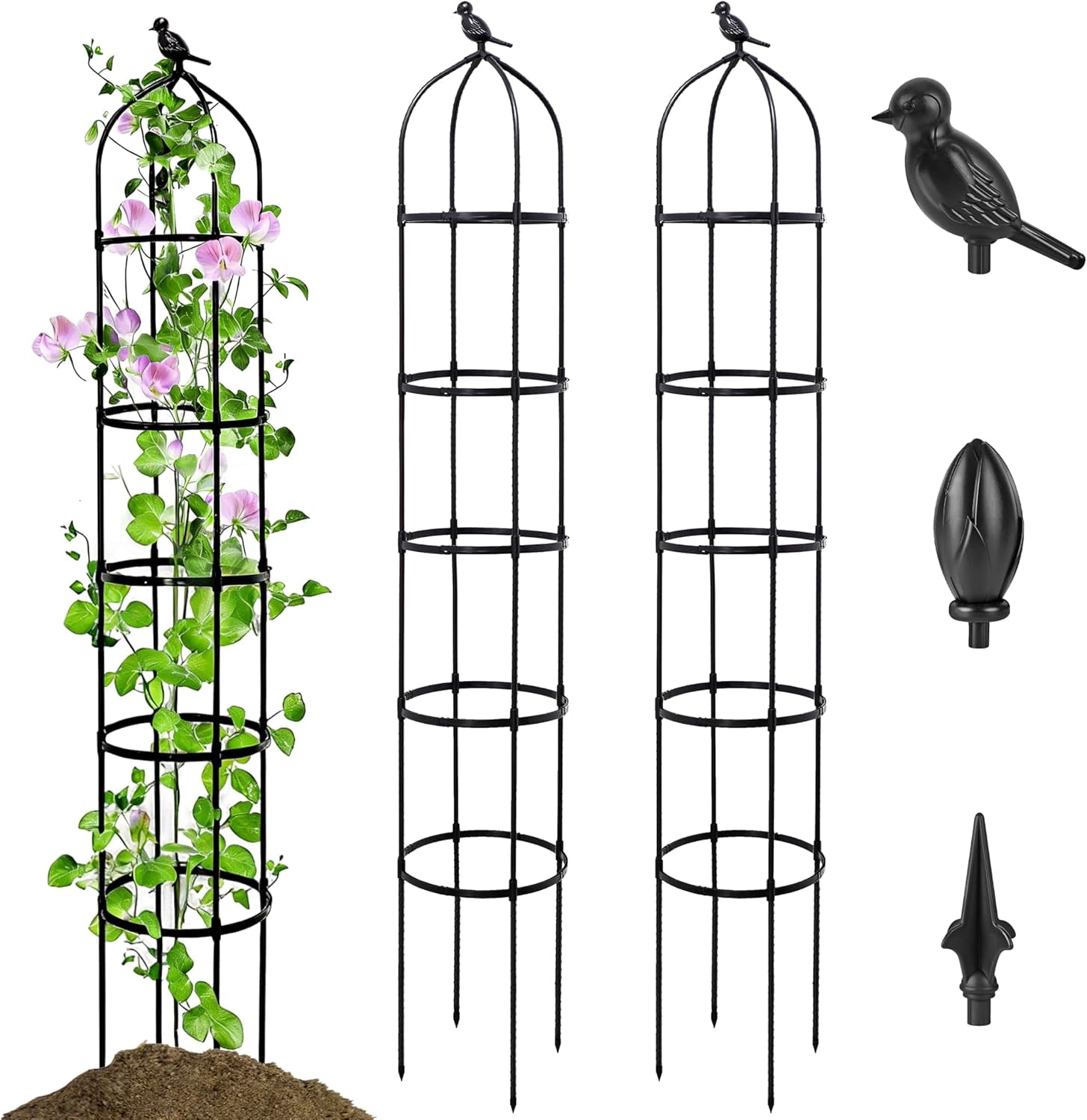 Garden Obelisk Trellis 6FT Adjustable Metal Climbing Plant Support with Decorative Tops Rustproof Outdoor Frame for Roses Tomatoes Vines
