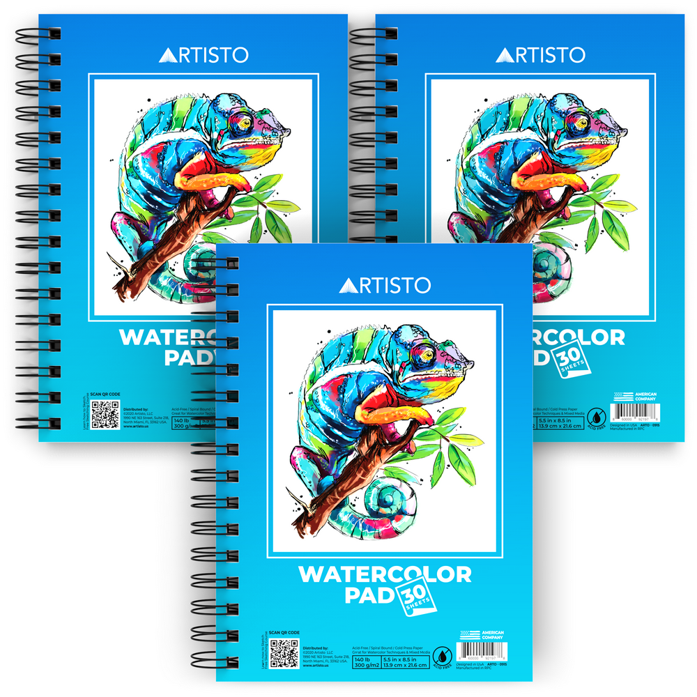 Artisto Watercolor Pads 5.5x8.5", Pack of 3 (90 Sheets), Spiral Bound