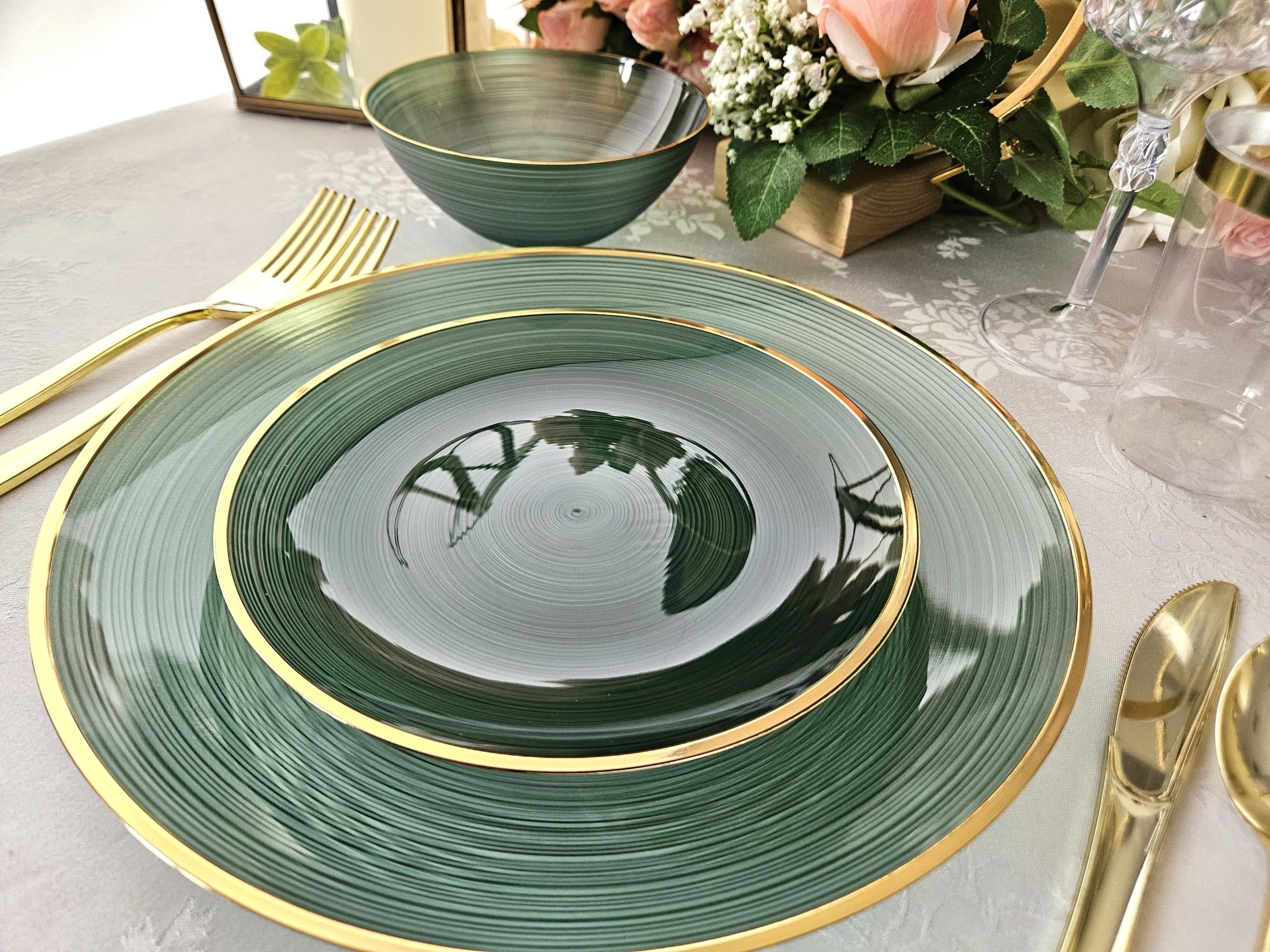 " OCCASIONS " 50 Plates Pack (25 Guests)-Wedding Party Disposable Plastic Plate Set -25 x 10'' Dinner + 25 x 7'' Salad & Dessert plates (Belize in Green & Gold)