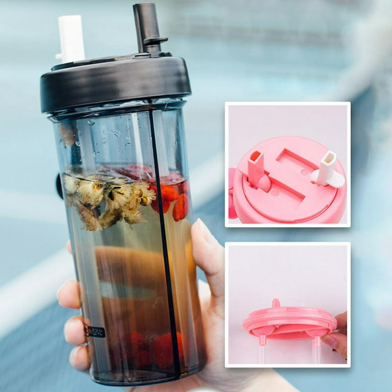 420/600ml Creative Water Cup,One Cup of Two Different Drinks Two Straws Couple Outdoor Drinking Cup for Camping Hiking Backpacking Travel Office, Size