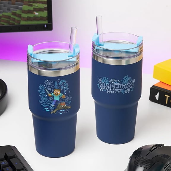 Paladone Minecraft 600ml Blue Insulated Gamer Cup and Straw, Officially Licensed Tumbler Water Bottle for Hot and Cold Drinks, Tea, Coffee,