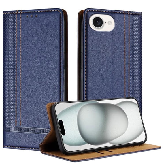Leather For Apple iPhone 17e / 16e 6.1-inch Case , Stitching design Flip Wallet Leather Case With Card Holder Magnetic Closure Shockproof Kickstand Protective Phone Cases Cover,Blue