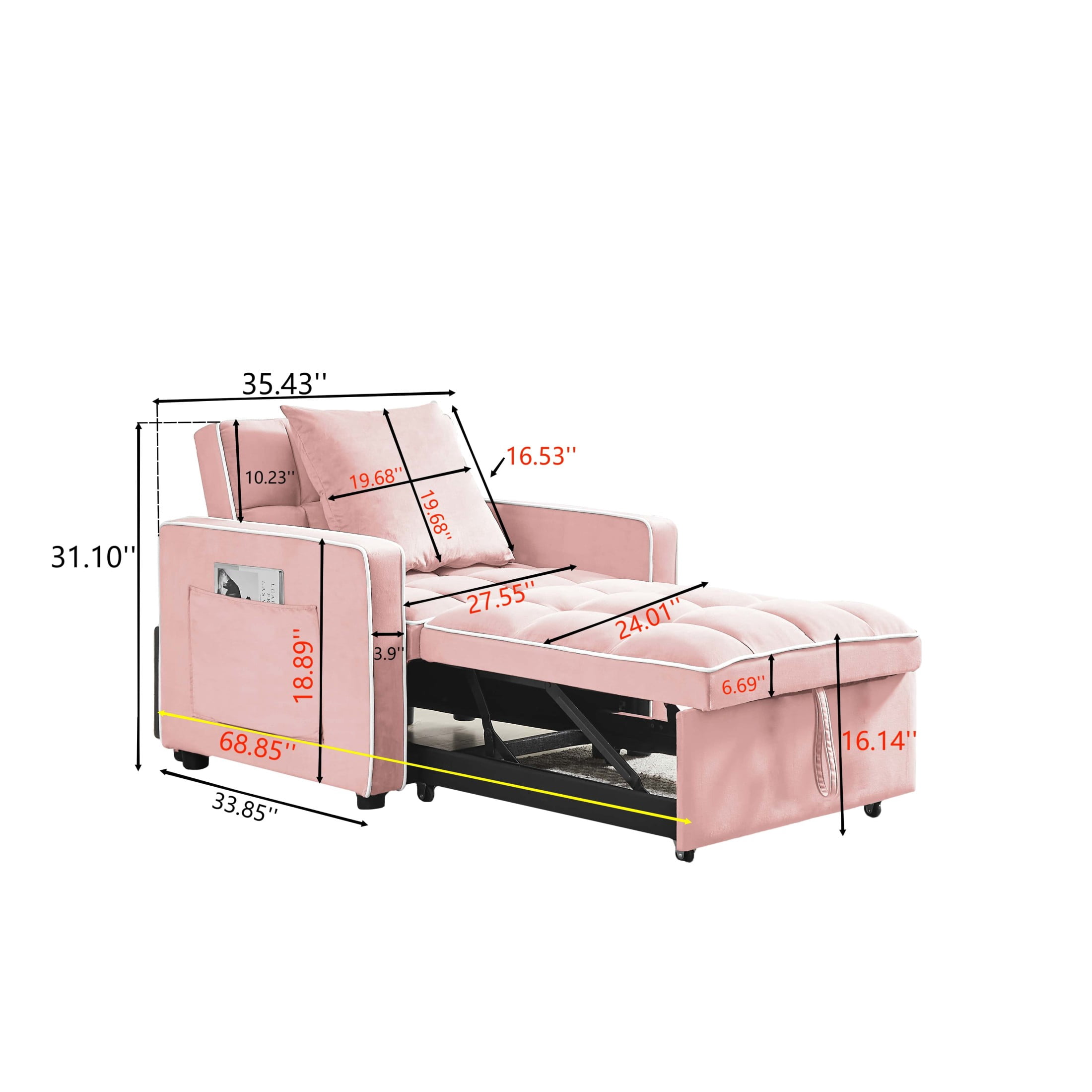 Noble House 35.43" Velvet 3-in-1 Sofa Bed Chair, Modern Adjustable Tufted Single Sleeper, for Small Space, Pink