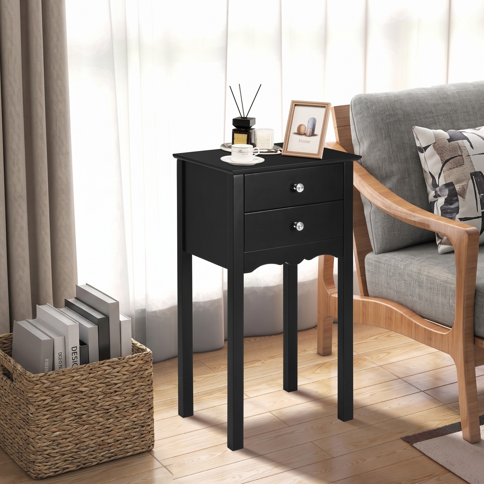 Furnibear 2-Drawer End Table, Vintage MDF Side Accent Table with Metal Handles, High Gloss Nightstand Bedside Storage Table for Bedroom Living Room Dorm, Black