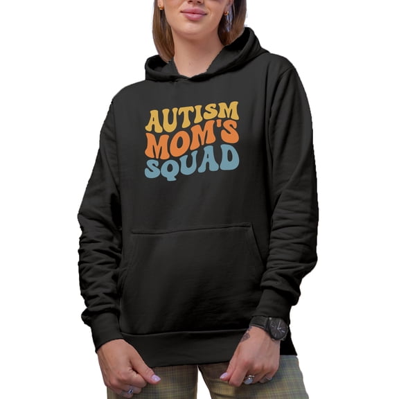 Autism's Mom Squad, Group Name for Mothers of Children with Autism, Groovy Retro Wavy Text Merch Gift, Black Hooded Sweatshirt or Hoodie, Medium