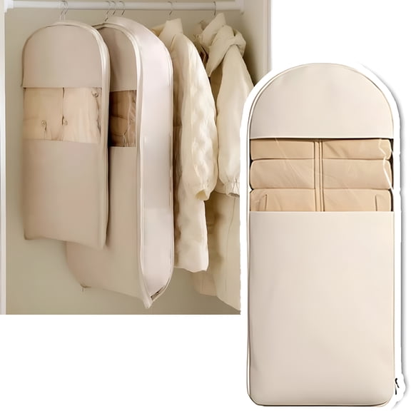 AUQ Space Saving Hanging Garment Bag with Self Compression Zipper, New Space Saving Hanging Protector, Winter Coat Storage, Heavy Duty Garment Bag for Down Coat (Beige, all size-3pcs)