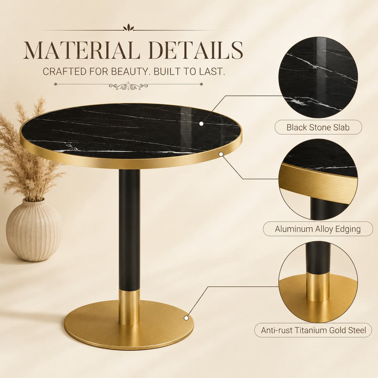 Aukfa 31.5" Round Sintered Stone Dining Table for 2-4, Kitchen Table Tulip Table with Gold Pedestal Base for Bistro Small Apartment,Black Onyx