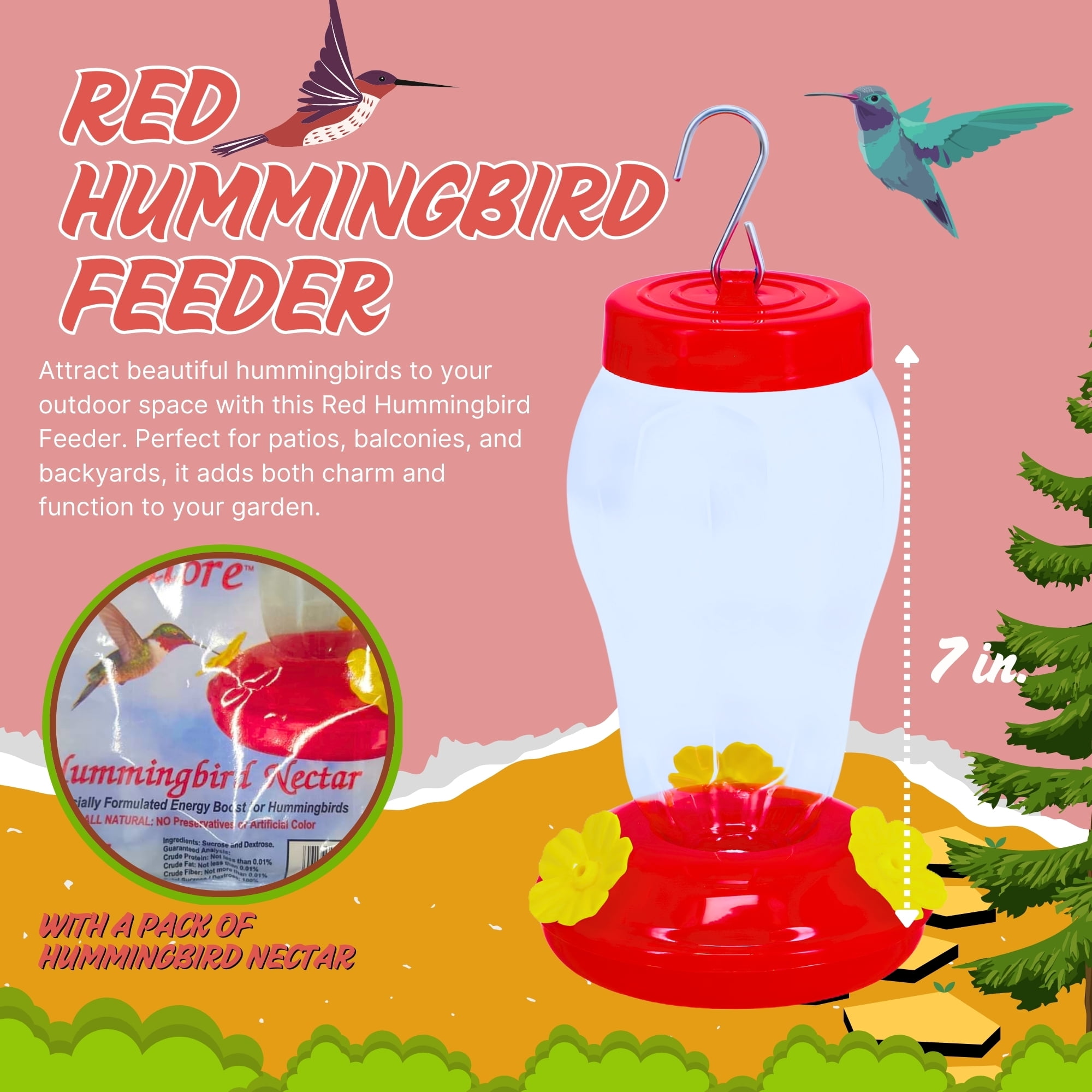 2-Pack Red Hummingbird Feeder with Hanging Hook, 7in. & Nectar Pack, Outdoor Plastic Bird Feeder with Multiple Feeding Ports Easy Fill Clear Reservoir for Garden Patio Balcony Backyard