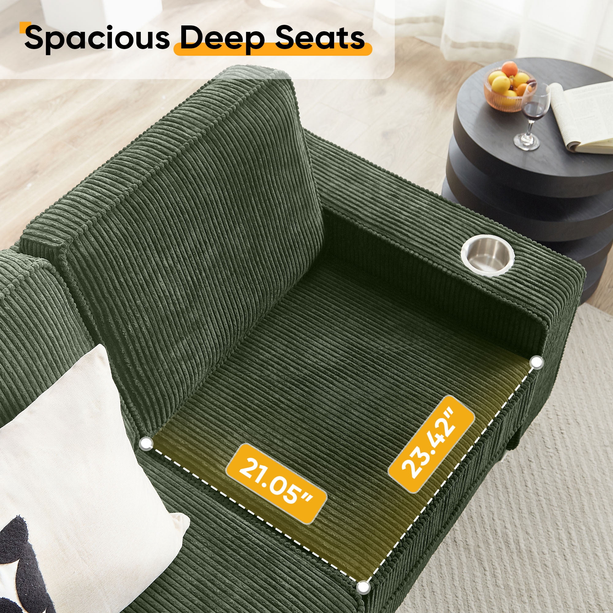 Lunale 83" Corduroy Sofa with Cup Holders, Modern 3-Seater Couch for Living Room, Apt., Green