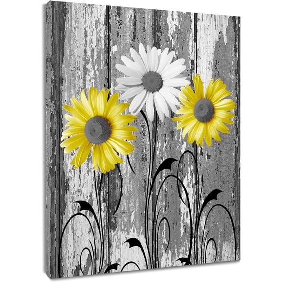Farmhouse Floral Wall Art for Living Room,Yellow and Grey Daisy Flower on Rustic Wood Canvas Wall Art Nature Plant Framed Wall Art for Bathroom Bedroom Wall Decor,10L X 8W Inches
