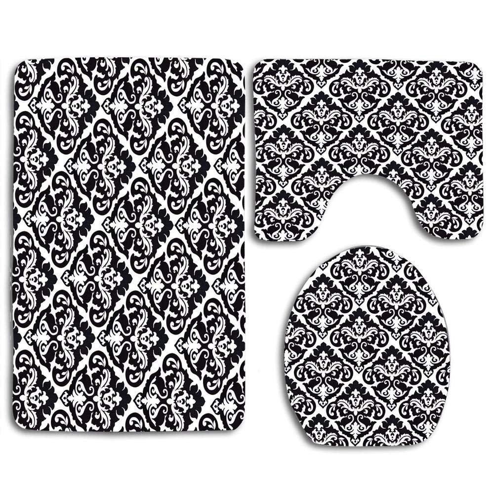 GOHAO Black and White Damasks 3 Piece Bathroom Rugs Set Bath Rug