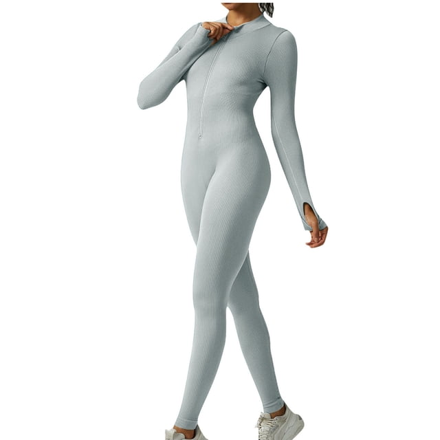 Womens Seamless Yoga Jumpsuits Workout Ribbed Long Sleeve Zip Front Sport Jumpsuits One Piece Rompers Gray