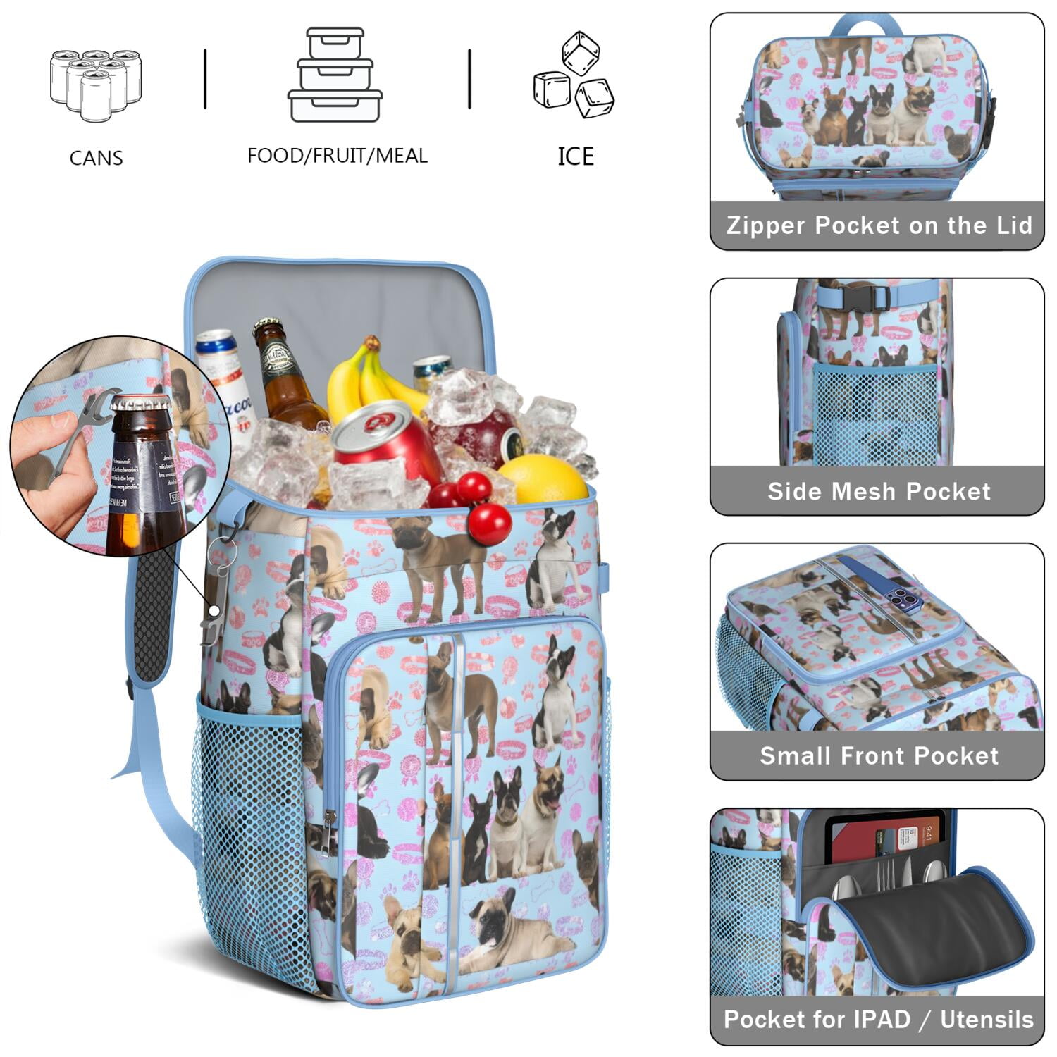 Travel Cooler Bag - French Bulldogs Camping Beer Cooler Backpack with Bottle Opener- Waterproof Insulated Picnic Backpacks - Cooler Bag for Beach