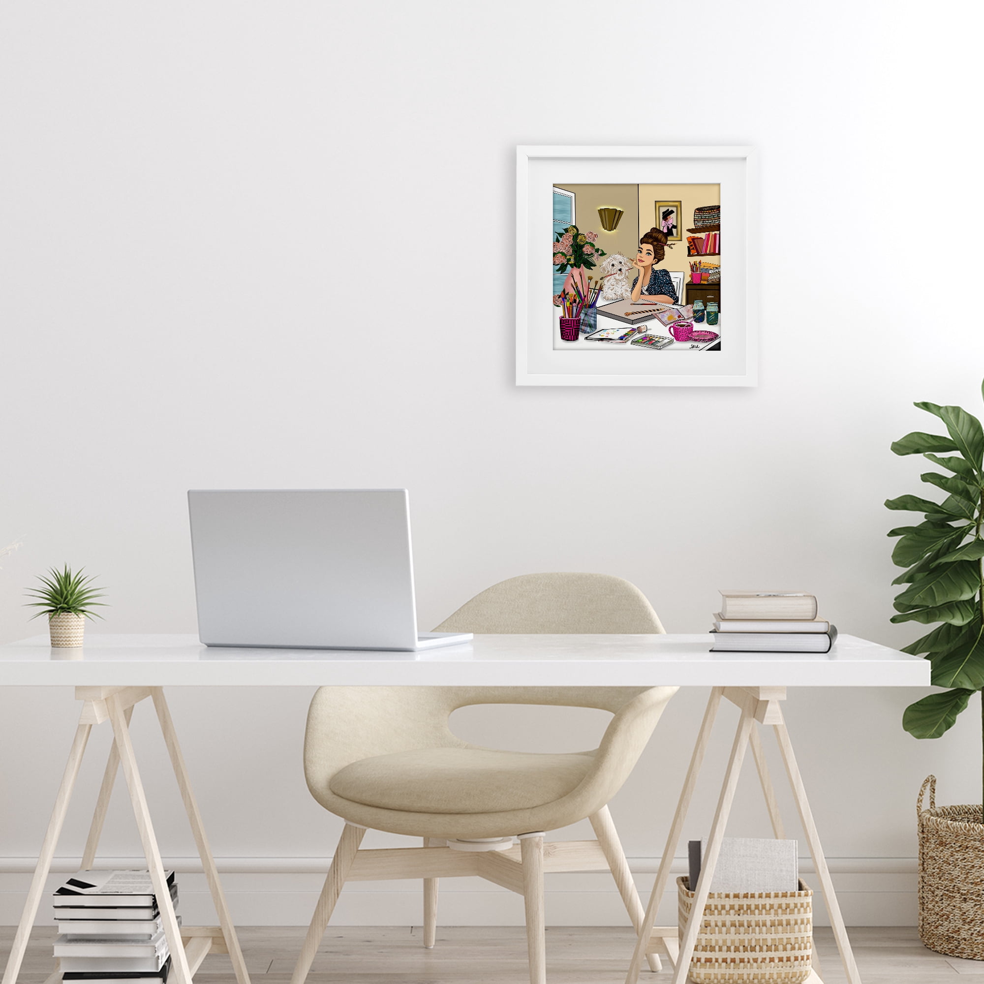 Stupell Industries Creative Art Girl at Desk White Framed Print Under Glass, design by Tara Boone