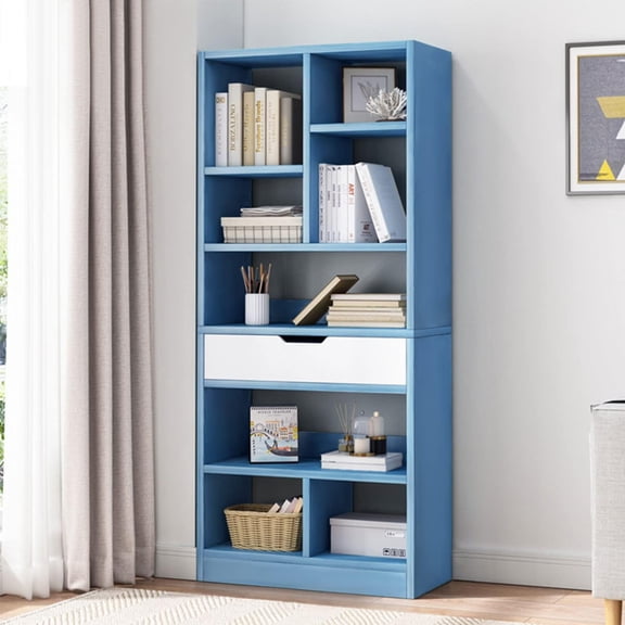 Wooden Open Shelf Bookcase - 61" Height Freestanding Display Storage Cabinet Organizer with 8 Cubes and a Drawer, Floor Standing Bookshelf