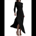 thumbnail image 2 of Vestido Midi Asimétrico con Abertura Irregular, Cuello Redondo, Larga y Cintura Fruncida para Mujer, Color Liso Negro S, 2 of 7