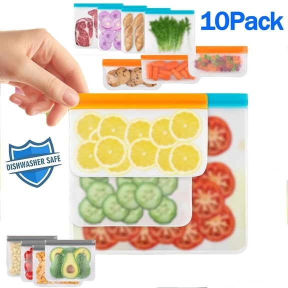 USIONE Reusable Food Storage Bags - 10 Pack Freezer Bags, Reusable Bags Silicone, EXTRA THICK Leakproof Reusable Lunch Bag for Salad Fruit Travel - 2 Gallon 4 Sandwich 4 Snack Bags