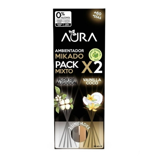 Aromatizante de Ambiente Aura Aroma a Flor de algodón y Vainilla Coco 2 Pack de 30 ml c/u