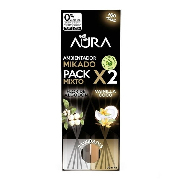 Aromatizante de Ambiente Aura Aroma a Flor de algodón y Vainilla Coco 2 Pack de 30 ml c/u