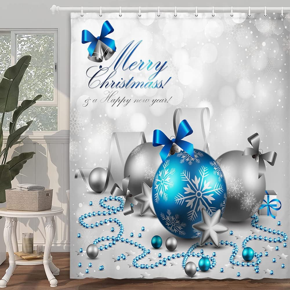 Holiday Shower Curtain, Happy Merry Christmas Silver and Blue Xmas Ball