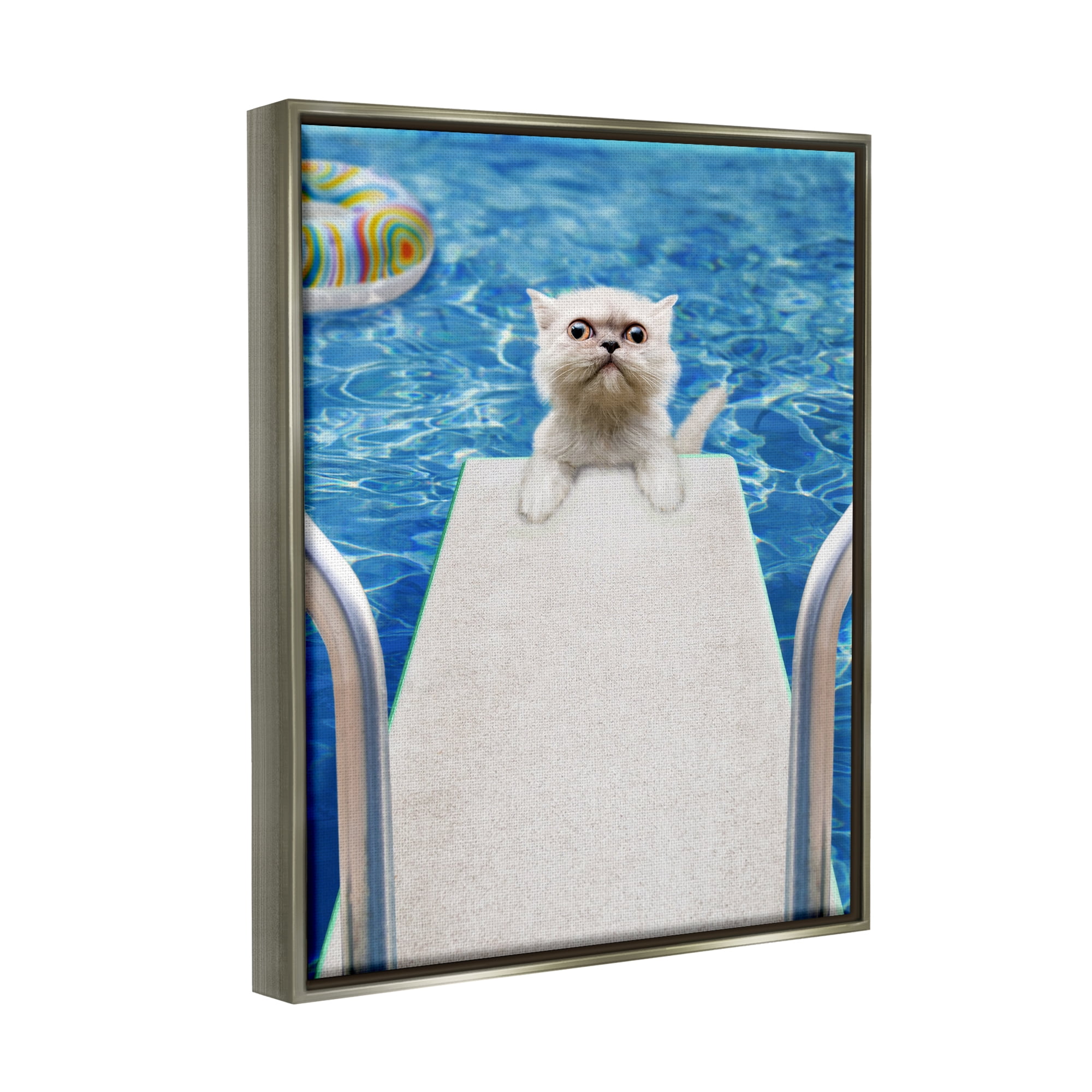 Stupell Industries Cat on Diving Board Animals & Insects Painting Gray Floater Framed Art Print Wall Art, 17 x 21