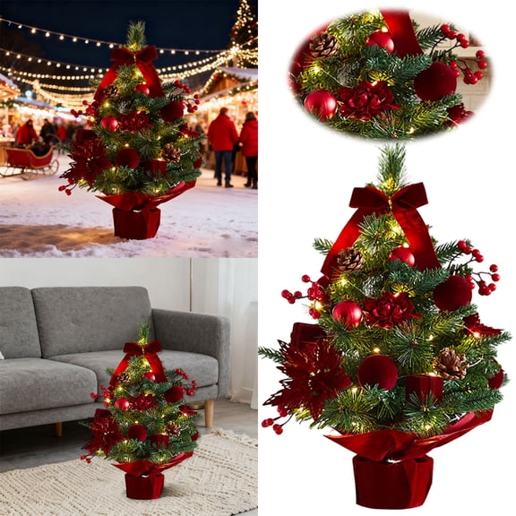 17in Tabletop Christmas Tree with Pine Cones Ornaments,Artificial Christmas Tree with Ribbon Bows,Ball Decorations for Holiday Party,Home Office Desk Decor,Christmas Decorations Supplies(with light)