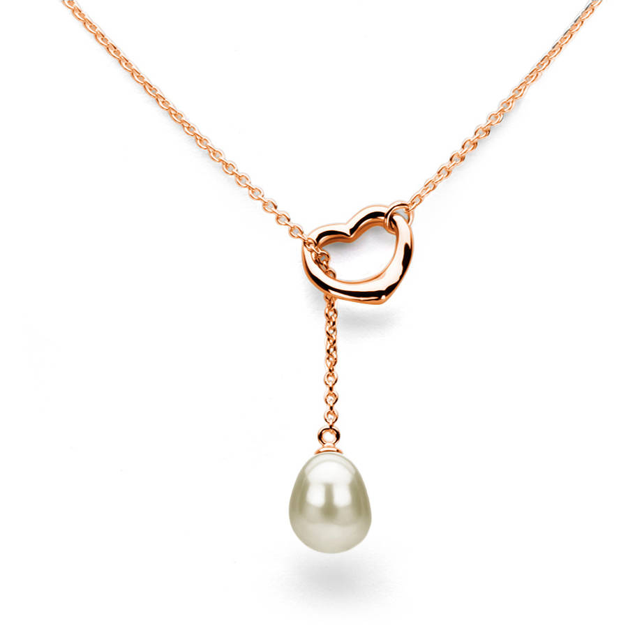 10-11mm White Freshwater Pearl and Rose Gold Over Sterling Silver Heart Chain Necklace by ADDURN