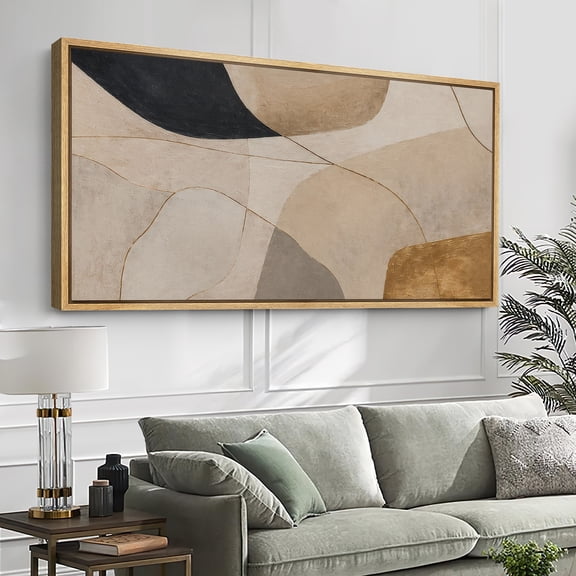 Large Framed Canvas Wall Art Beige Geometric Abstract Print for Living Room Decoration - 60"x30" Natural Frame