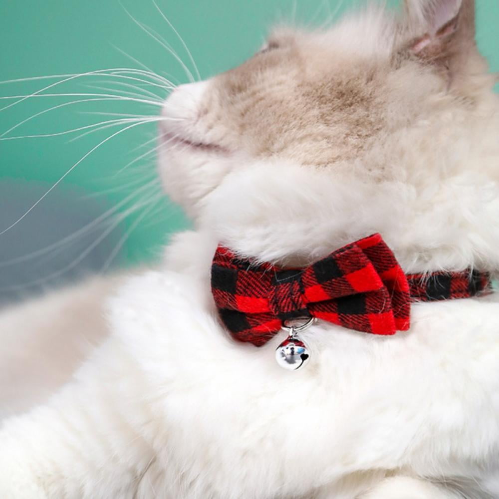 Cat Collar with Flower or Bow Tie Red/Black/Siver Plaid Adjustable Sizes S Kitten Medium Large 