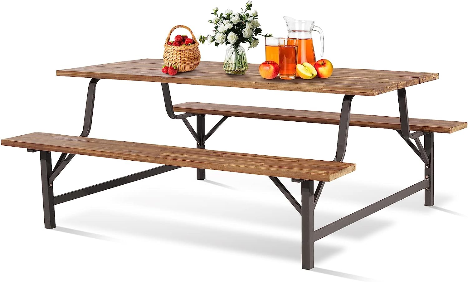 Tangkula Wood Picnic Table, Outdoor Acacia Wood Picnic Table Bench Set