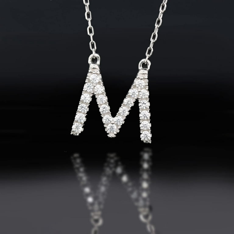 Initial Charms Pendants Necklace - White Simulated Diamond in 18K White Gold Over Silver Alpahbet M Letter Personalized Coin Name Necklaces for Womens