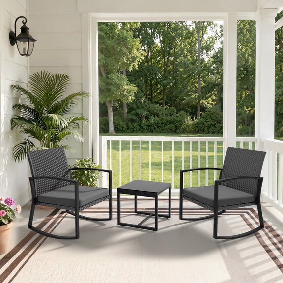 WWR Rocking Patio Bistro Sets 3 Piece - All-Weather - Conversation Furniture Set, Wicker Rattan Outdoor Front Porch Chair for Balcony, Porch, Garden, Backyard, Poolside