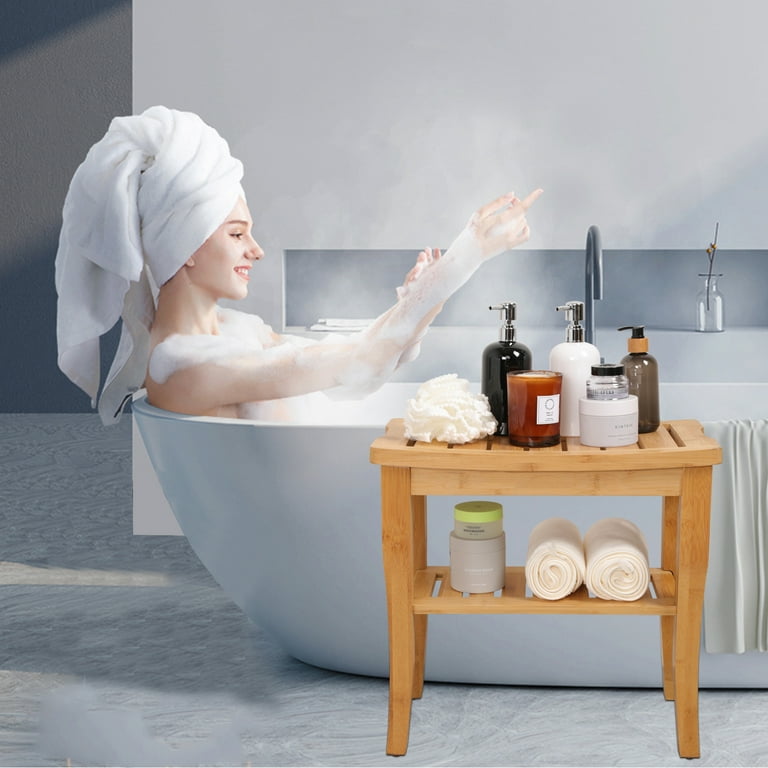 Bamboo Shower Bench With Storage Shelf - Small Shower Seat Stool, 19x10x18 Inches