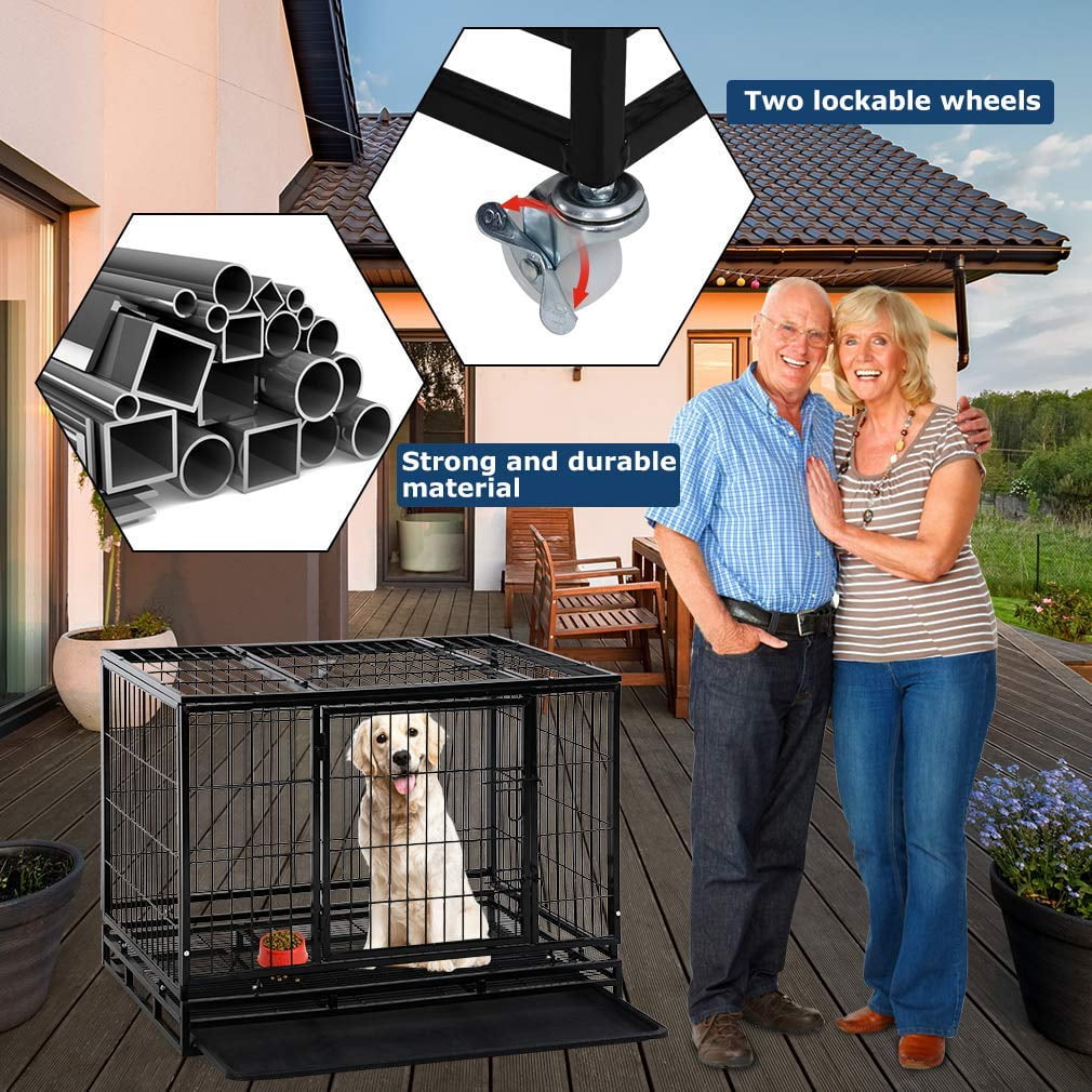 YRLLENSDAN 48 inch Dog Crate Dog Cage Dog Kennel for Large Dogs Heavy Duty Pet Playpen for Training Indoor Outdoor with Plastic Tray Double Doors & Locks Design