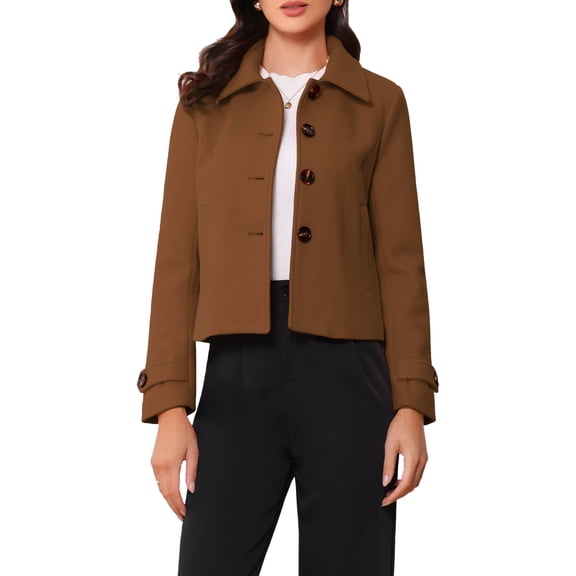 REFINED ATTIRE Women's Short Peacoat Turn Down Collar Single Breasted Button Closure Overcoat Dark Brown XL