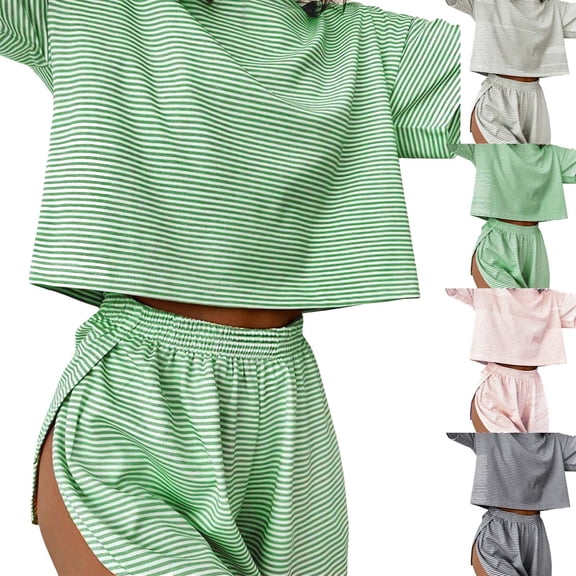 zaveiop Women's Two Piece Pajama Set Striped Print Crew Neck Short Sleeve Tee and Side Split Shorts Set Cute Pj Sets (Grey, S)