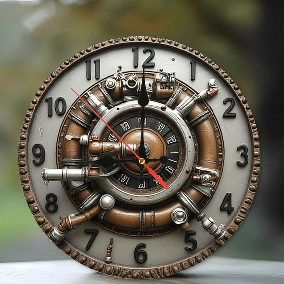 Steampunk Engine Wall Clock Vintage Home Decor 10-Inch Silent Wooden Wall Clock, Battery Operated (AA Batteries Not Included), Artistic Home Decor