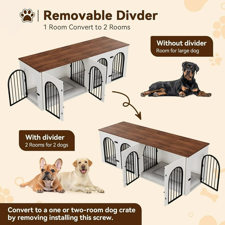 Homhougo 71" Dog Crate Furniture for 2 Dogs, Large Dog Kennel Furniture with Removable Divider, Wooden Dog Cage with Cushions, Indoor Dog House TV Stand for Large Medium Dog, White/Brown