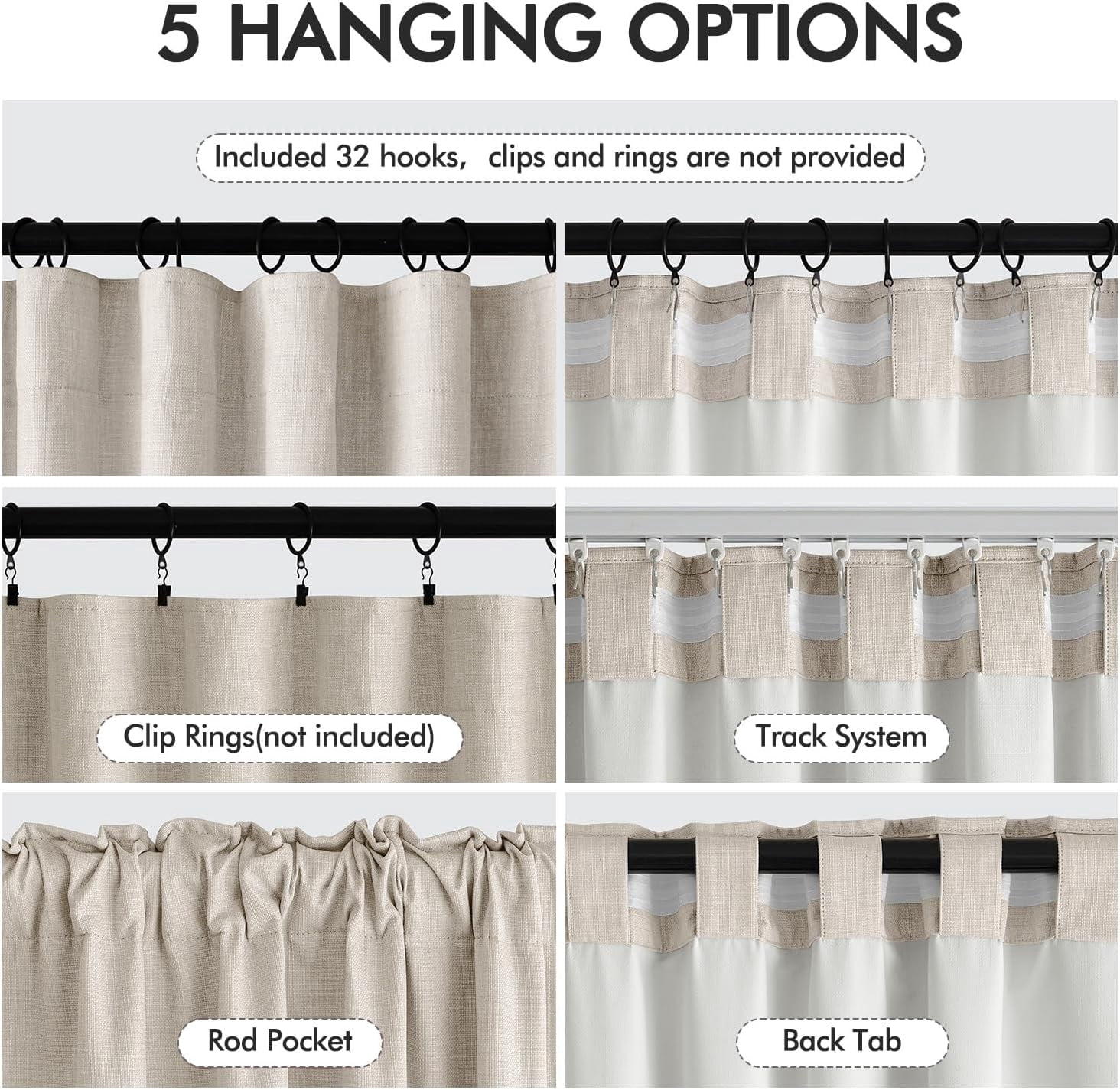 100% Blackout Curtains 96 Inch Long 2 Panels Set for Bedroom, Thick Faux Linen Black Out Curtain Room Darkening Back Tab Pleat Floor to Ceiling Window Drapes with Hooks for Living Room, Beige