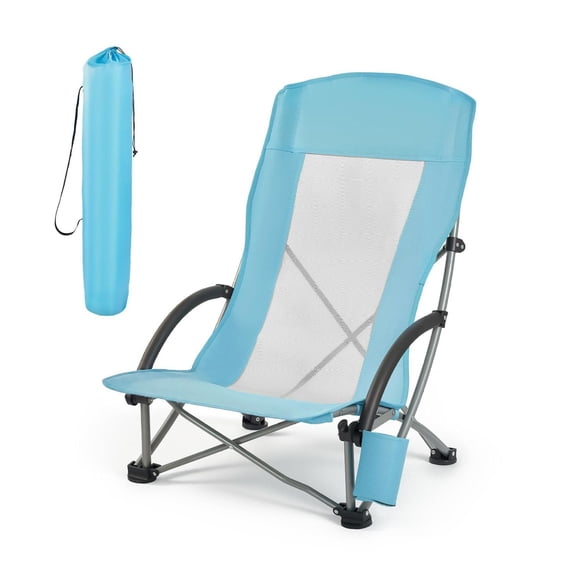 Folding Beach Chair, High Back Camping Chair - 330 lbs Capacity, Cup Holder, Portable Carry Bag, Extra Wide Seat - Outdoor, Beach, Camping - Light Blue