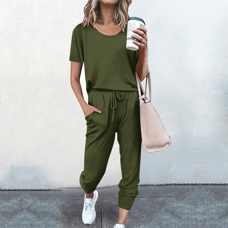 REORIAFEE Outfits for Women Party Clubwear Date Night Outfit Fashion Women  Summer Button Casual Short Sleeve Top + Pant Set Army Green M