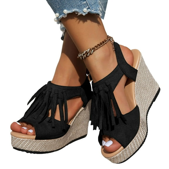 Platform Wedge Dress Sandals for Women 2025 Summer Beach Boho Tassel High Heel Peep Toe Dressy Sandals
