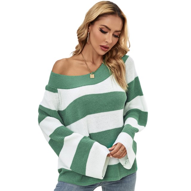 WIPONKEN Womens Sweaters Crew Neck Off Shoulder Style Loose Oversize White-Green Stripes Ladies Sweater for Winter&Fall 30% Wool Soft Pullover Tops Fasional Sweater