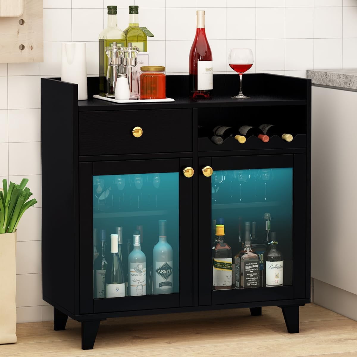 ONZA  Small Bar Cabinet, Black Modern Liquor Wine Cabinet with Storage with Led Light for Home, Farmhouse Buffet Coffee Sideboard with Glass Door & Wavy Wine Rack for Kitchen