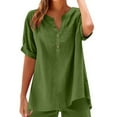 thumbnail image 2 of Women Breathable Cotton Linen T-Shirt Button V Neck Blouse Solid Color Short Sleeve Tops Lightweight Loose Fit Blouses Leisure Comfort Summer Cooling Shirt Everday Wear, 2 of 5