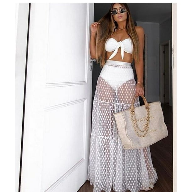 Fashion Summer Women Sexy Mesh Sheer Maxi Skirt Wrap Skirt Beach Tull  Transparent Dresses 