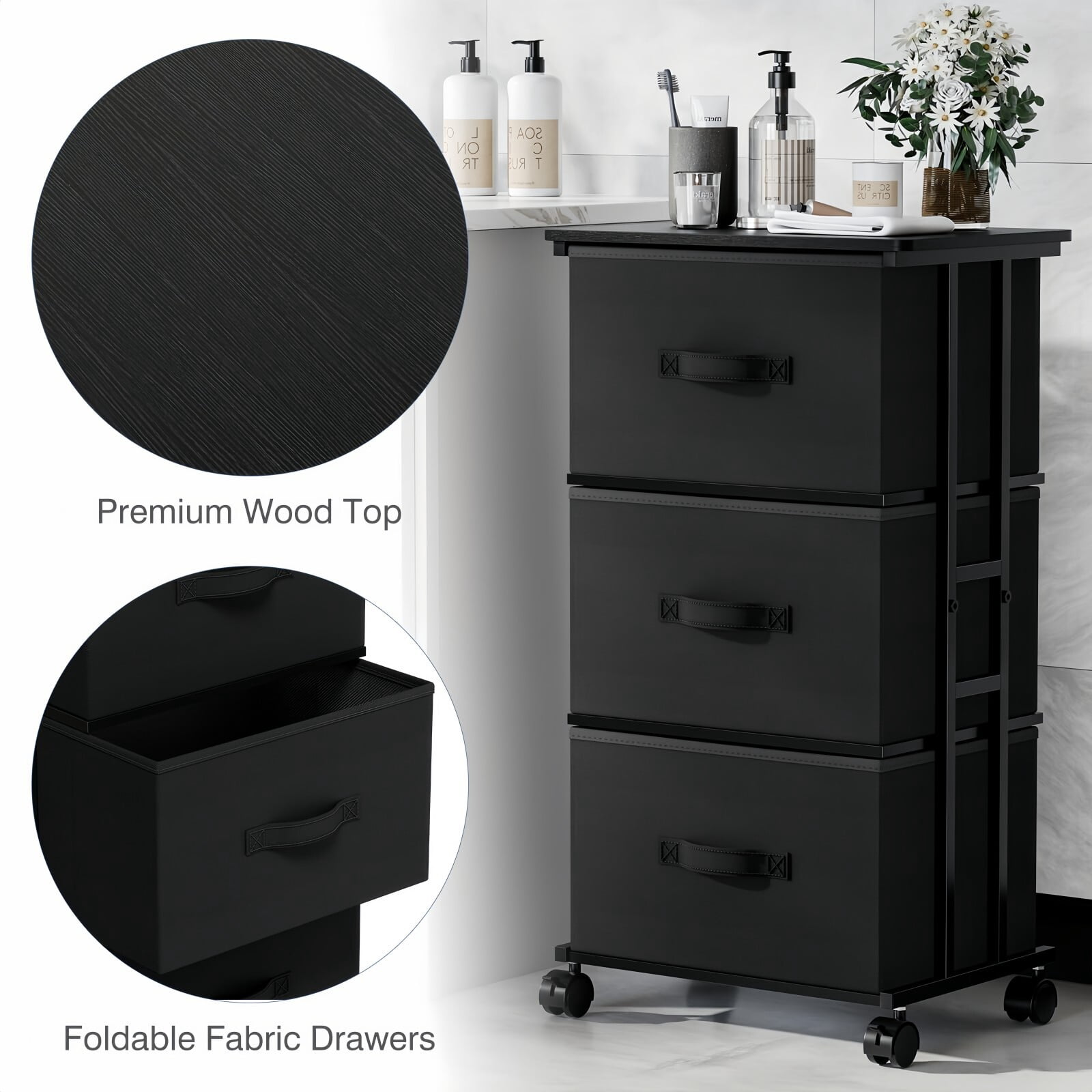 Kelno 3 Drawers Rolling Fabric Dresser Mobile Nightstand Storage Cabinet with Wheels, Black