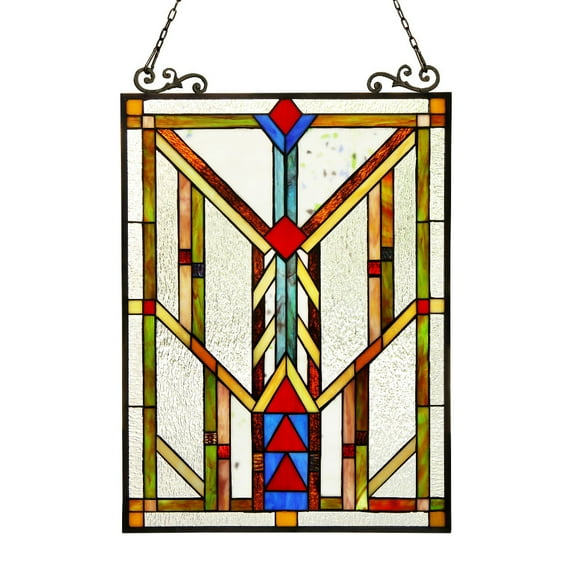 25 Inch Glass Window Panel with Tiffany Geometric Pattern, Multicolor