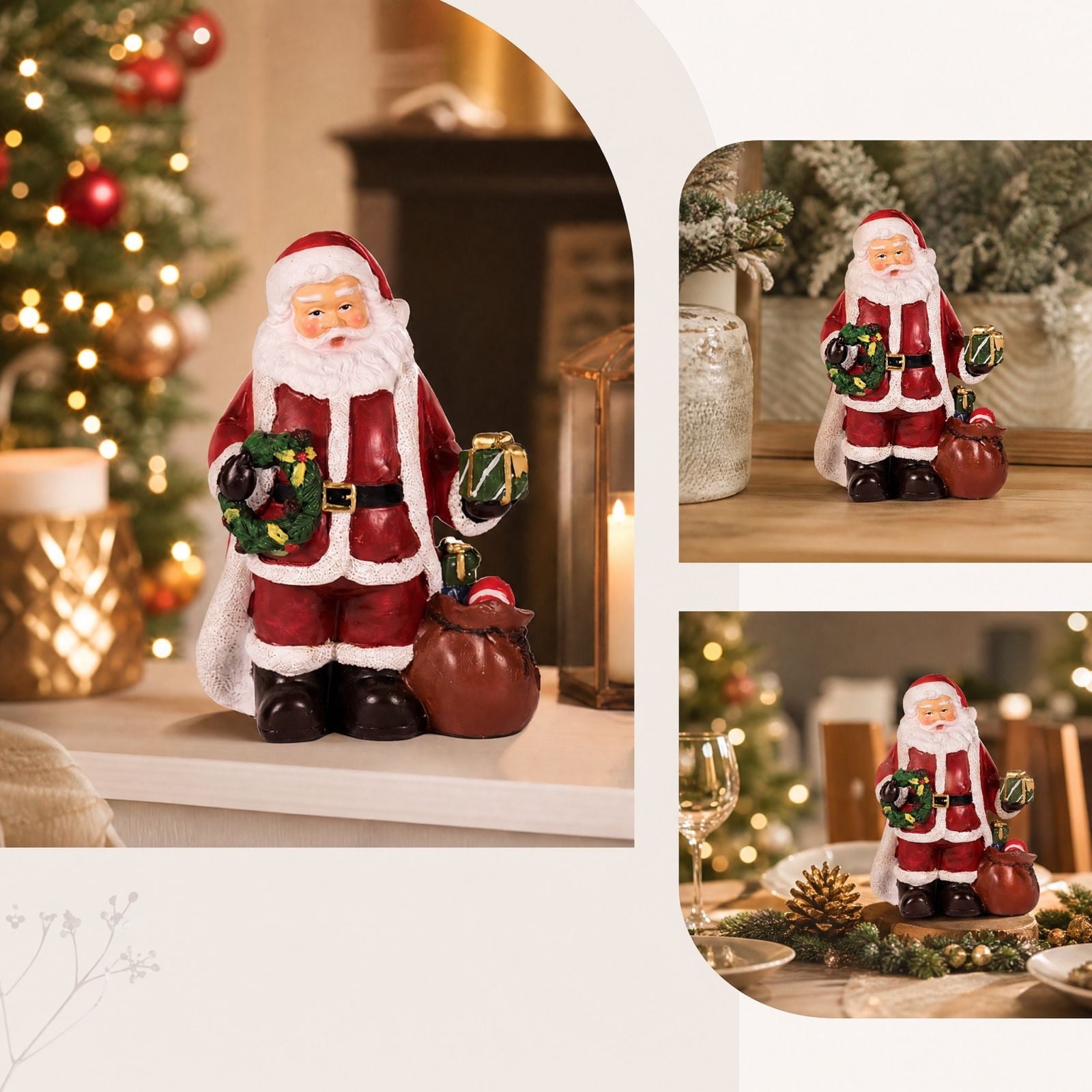 YingYouFu Resin Santa Claus Figurine Santa Holding Wreath Tabletop Ornament Christmas Decor Statue for Living Room Entryway Mantel Holiday Display