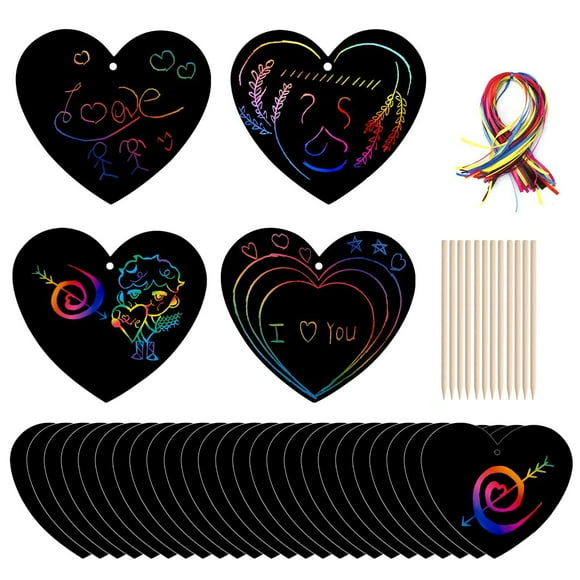 Valentine'S Day Love Heart Scratch Paper Art Set 24 Sheets Diy Craft Kit With Ribbon And Sticks